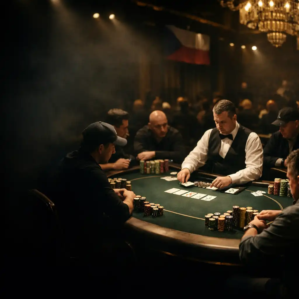 Finálový stůl pokerového turnaje s hráči a žetony