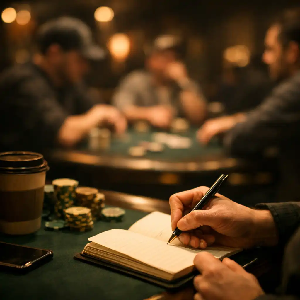 Pokerový reportér zapisující poznámky